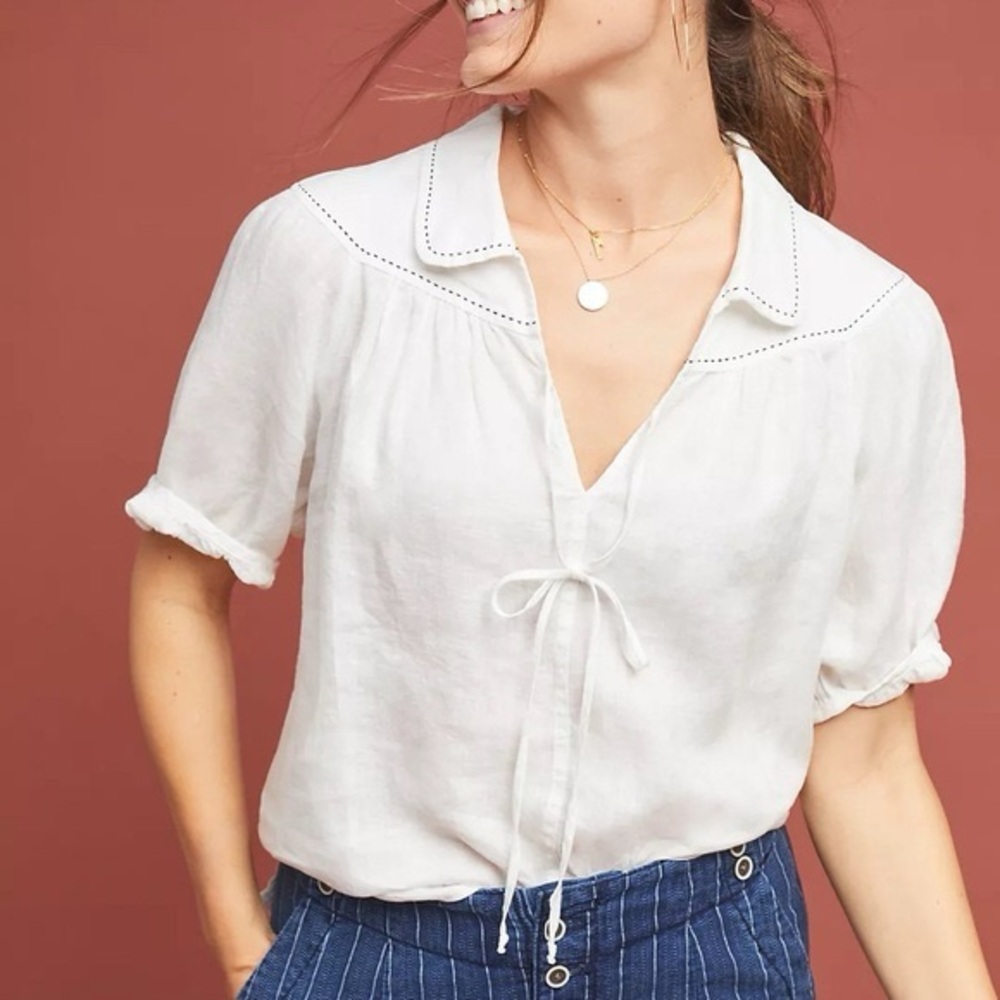 100% Linen Anthropologie Ivory Minimalist Retro Tie Blouse Relaxed Fit XS